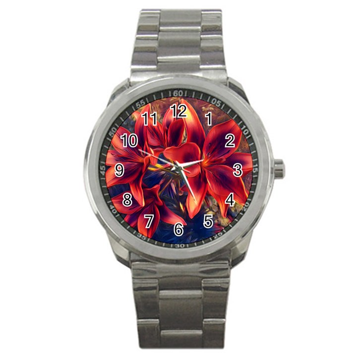 Red Lillies Bloom Flower Plant Sport Metal Watch