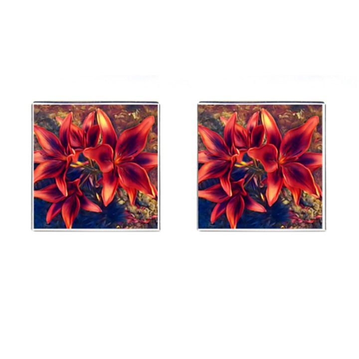 Red Lillies Bloom Flower Plant Cufflinks (Square)