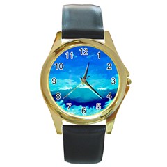 Blue Sky Artwork Drawing Painting Round Gold Metal Watch