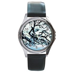 Tree Winter Blue Snow Cold Scene Round Metal Watch by Pakrebo