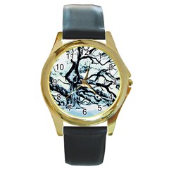 Tree Winter Blue Snow Cold Scene Round Gold Metal Watch