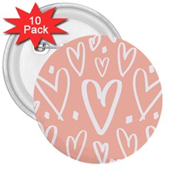 Coral Pattren With White Hearts 3  Buttons (10 Pack)  by alllovelyideas