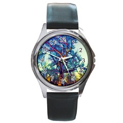 Tree Colorful Nature Landscape Round Metal Watch by Pakrebo