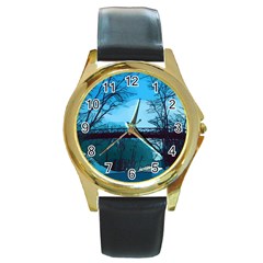 Bridge Trees Walking Nature Road Round Gold Metal Watch