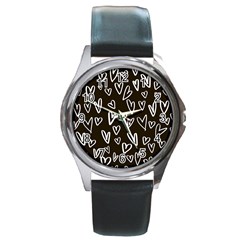 White Hearts - Black Background Round Metal Watch by alllovelyideas