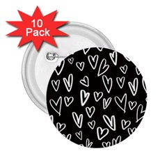 White Hearts - Black Background 2 25  Buttons (10 Pack)  by alllovelyideas