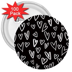 White Hearts - Black Background 3  Buttons (100 Pack)  by alllovelyideas