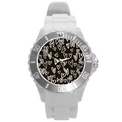 White Hearts - Black Background Round Plastic Sport Watch (l)