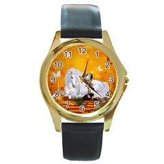 Wonderful Unicorn With Fairy Round Gold Metal Watch by FantasyWorld7