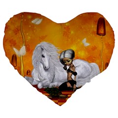 Wonderful Unicorn With Fairy Large 19  Premium Flano Heart Shape Cushions by FantasyWorld7