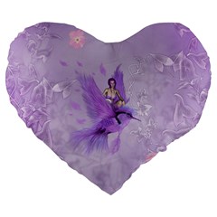 Fairy With Fantasy Bird Large 19  Premium Flano Heart Shape Cushions by FantasyWorld7