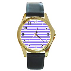 Lilac Purple Stripes Round Gold Metal Watch by snowwhitegirl