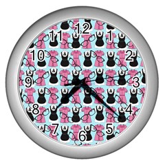 Waitress Uniform Dresses Nerdy Glasses Pattern Blue Wall Clock (silver) by snowwhitegirl