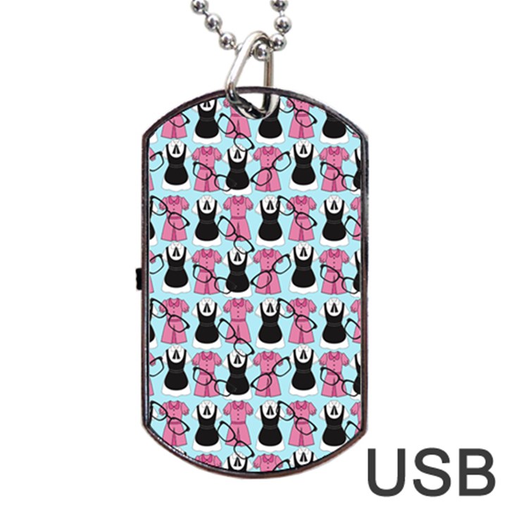 Waitress Uniform Dresses Nerdy Glasses Pattern Blue Dog Tag USB Flash (One Side)