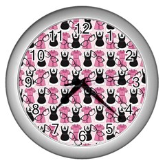 Waitress Uniform Dresses Nerdy Glasses Pattern Pink Wall Clock (silver) by snowwhitegirl