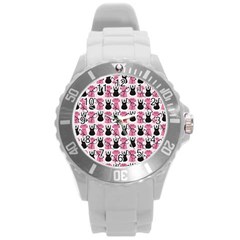 Waitress Uniform Dresses Nerdy Glasses Pattern Pink Round Plastic Sport Watch (l) by snowwhitegirl