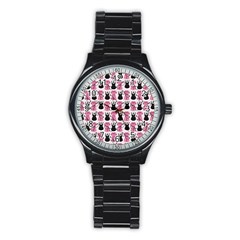 Waitress Uniform Dresses Nerdy Glasses Pattern Pink Stainless Steel Round Watch by snowwhitegirl