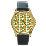 Citrus Tropical Orange White Round Gold Metal Watch Front