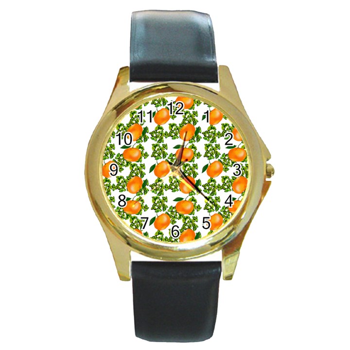 Citrus Tropical Orange White Round Gold Metal Watch