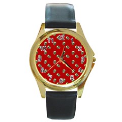 Skull Red Pattern Round Gold Metal Watch by snowwhitegirl