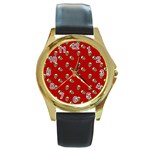 Skull Red Pattern Round Gold Metal Watch Front