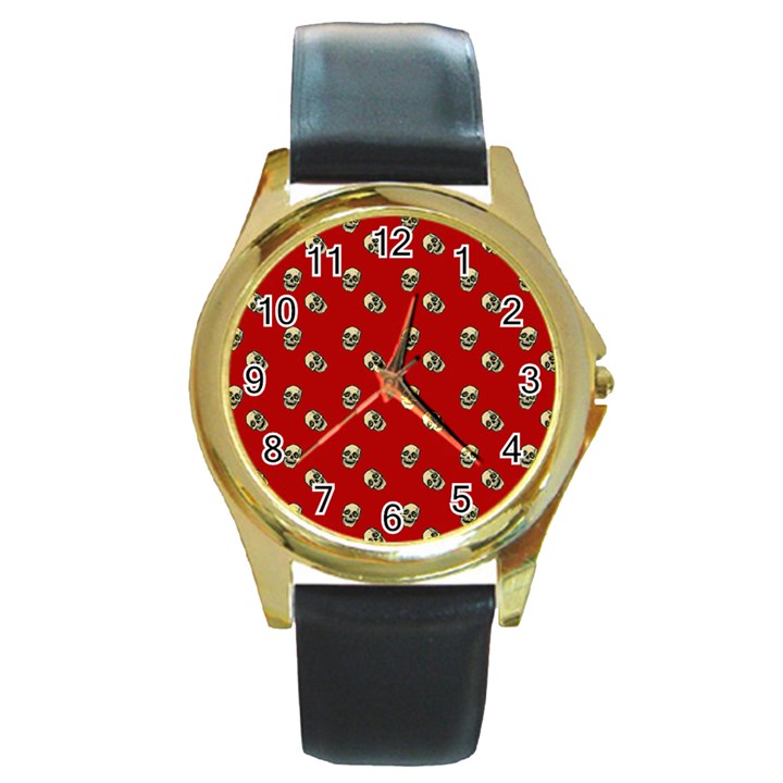 Skull Red Pattern Round Gold Metal Watch