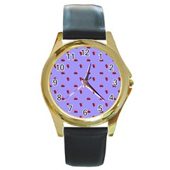 Candy Apple Lilac Pattern Round Gold Metal Watch by snowwhitegirl