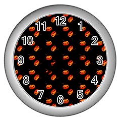 Kawaii Pumpkin Black Wall Clock (silver) by snowwhitegirl