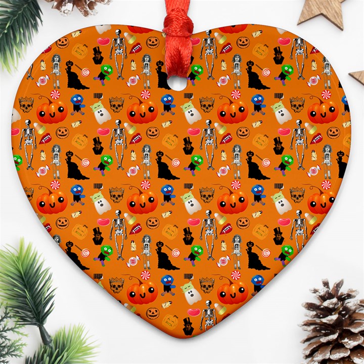 Halloween Treats Pattern Orange Ornament (Heart)