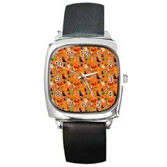 Halloween Treats Pattern Orange Square Metal Watch by snowwhitegirl