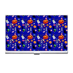 Halloween Treats Pattern Blue Business Card Holder by snowwhitegirl