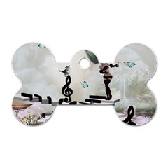 Cute Fairy Dancing On A Piano With Butterflies And Birds Dog Tag Bone (two Sides) by FantasyWorld7