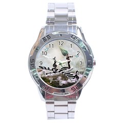 Cute Fairy Dancing On A Piano With Butterflies And Birds Stainless Steel Analogue Watch by FantasyWorld7