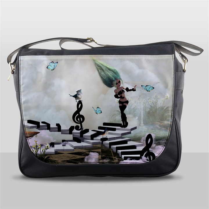 Cute fairy dancing on a piano with butterflies and birds Messenger Bag