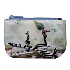 Cute Fairy Dancing On A Piano With Butterflies And Birds Large Coin Purse by FantasyWorld7