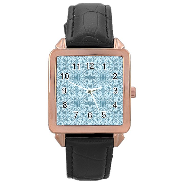 Ornamental Blue Rose Gold Leather Watch 