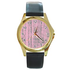 Old Pink Wood Wall Round Gold Metal Watch by snowwhitegirl