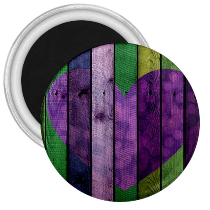 Wood Wall Heart Purple Green 3  Magnets