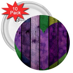 Wood Wall Heart Purple Green 3  Buttons (10 Pack)  by snowwhitegirl