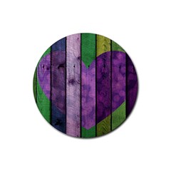 Wood Wall Heart Purple Green Rubber Coaster (round)  by snowwhitegirl