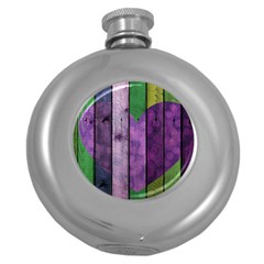 Wood Wall Heart Purple Green Round Hip Flask (5 Oz) by snowwhitegirl