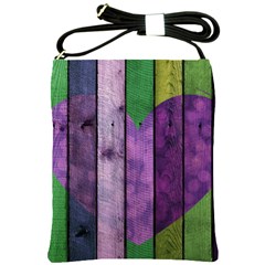 Wood Wall Heart Purple Green Shoulder Sling Bag by snowwhitegirl