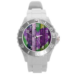 Wood Wall Heart Purple Green Round Plastic Sport Watch (l) by snowwhitegirl