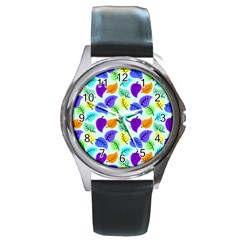 Colorful Leaves Blue Round Metal Watch by snowwhitegirl