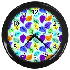 Colorful Leaves Blue Wall Clock (black) by snowwhitegirl