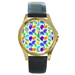 Colorful Leaves Blue Round Gold Metal Watch by snowwhitegirl