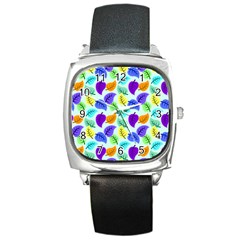 Colorful Leaves Blue Square Metal Watch by snowwhitegirl