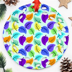 Colorful Leaves Blue Round Filigree Ornament (two Sides) by snowwhitegirl