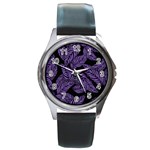 Tropical Leaves Purple Round Metal Watch Front