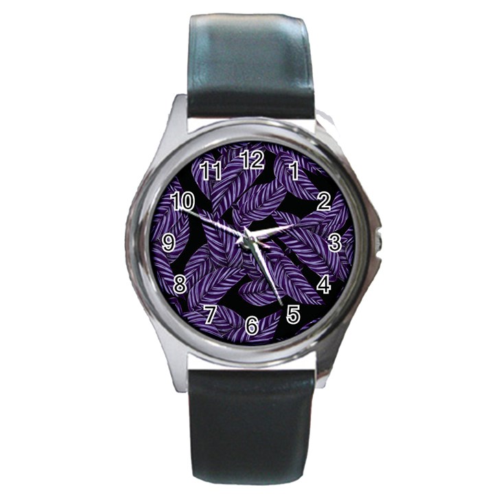 Tropical Leaves Purple Round Metal Watch